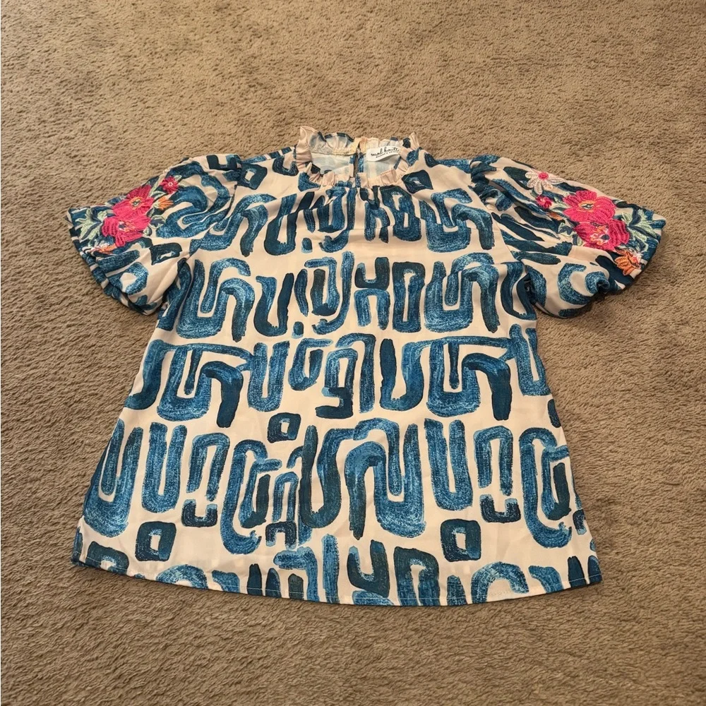 Ruffled Neck Blue Patterned Short Sleeve Blouse - Picture 4 of 9